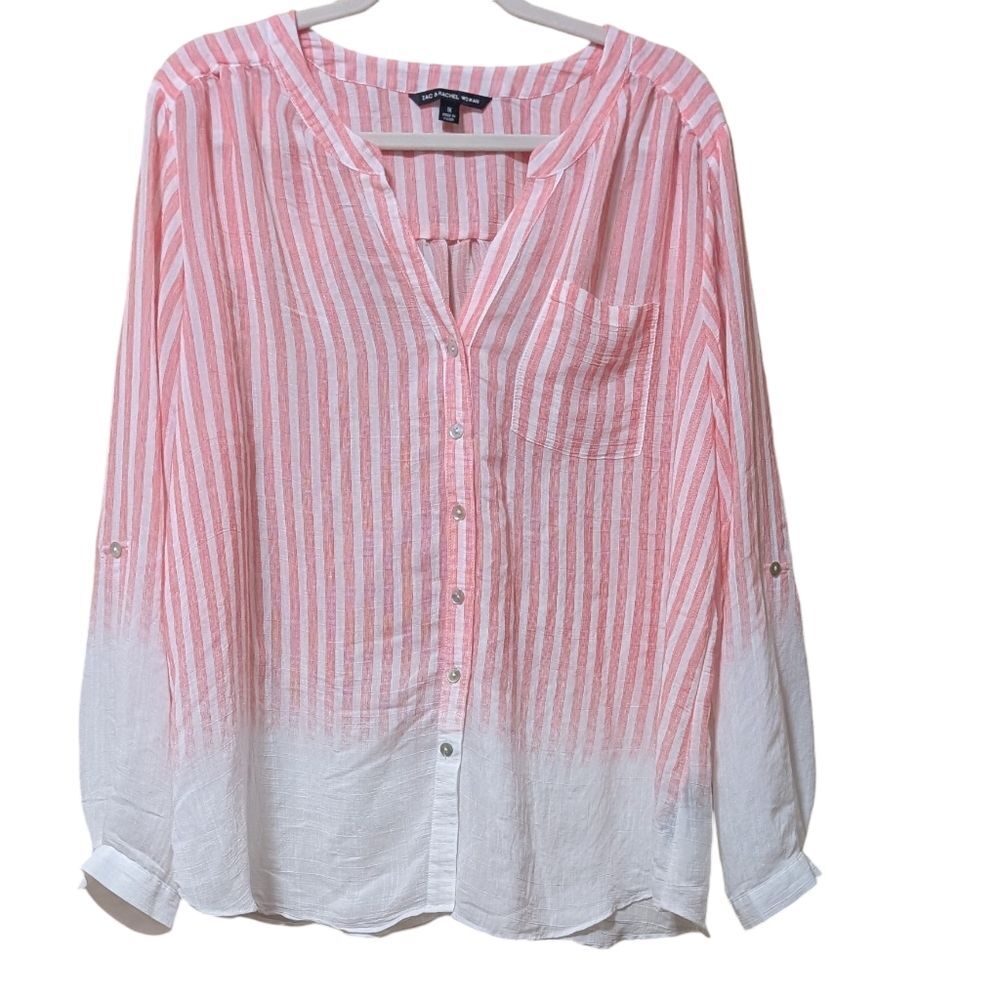 Zac & Rachel Women 1X striped red white ombre sheer button blouse roll sleeves